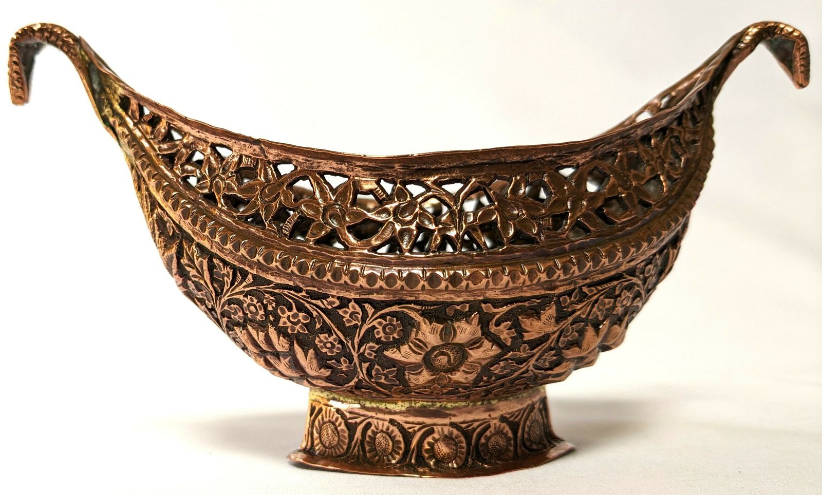 Antique Islamic Copper Kashkul Begging Bowl From Kashmir photo vinterior