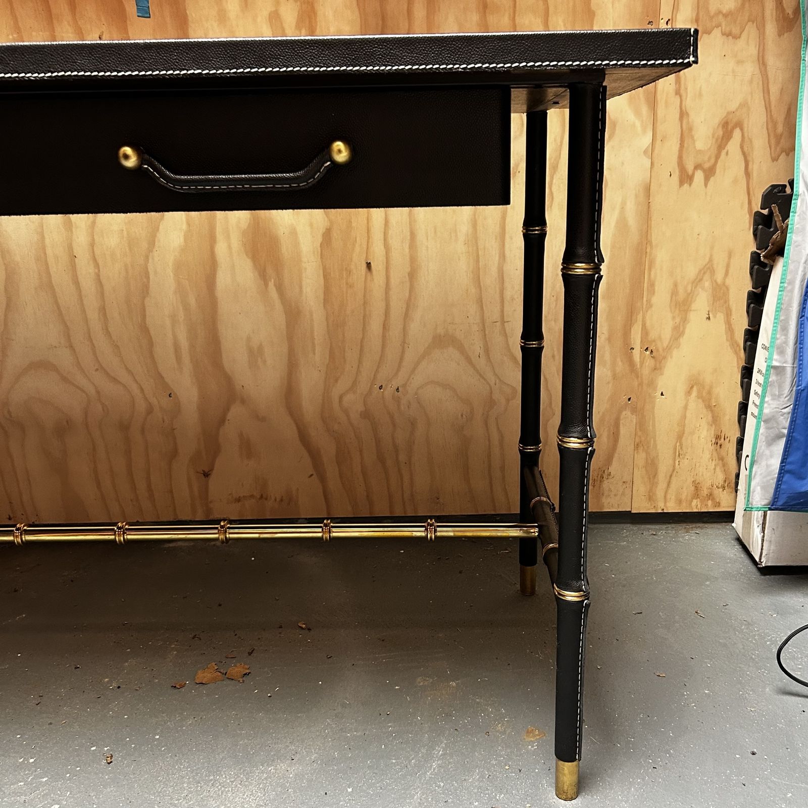 photo for sale Jacques Adnet Style Leather Top Writing Desk With Bamboo Style Leather Wrapped Legs And Brass Details