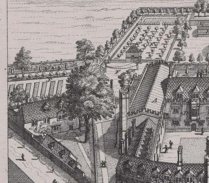 Pieter Van Der Aa Christ's College, Cambridge Engraving By Pieter Van Der Aa After David Loggan 1727 photo for sale