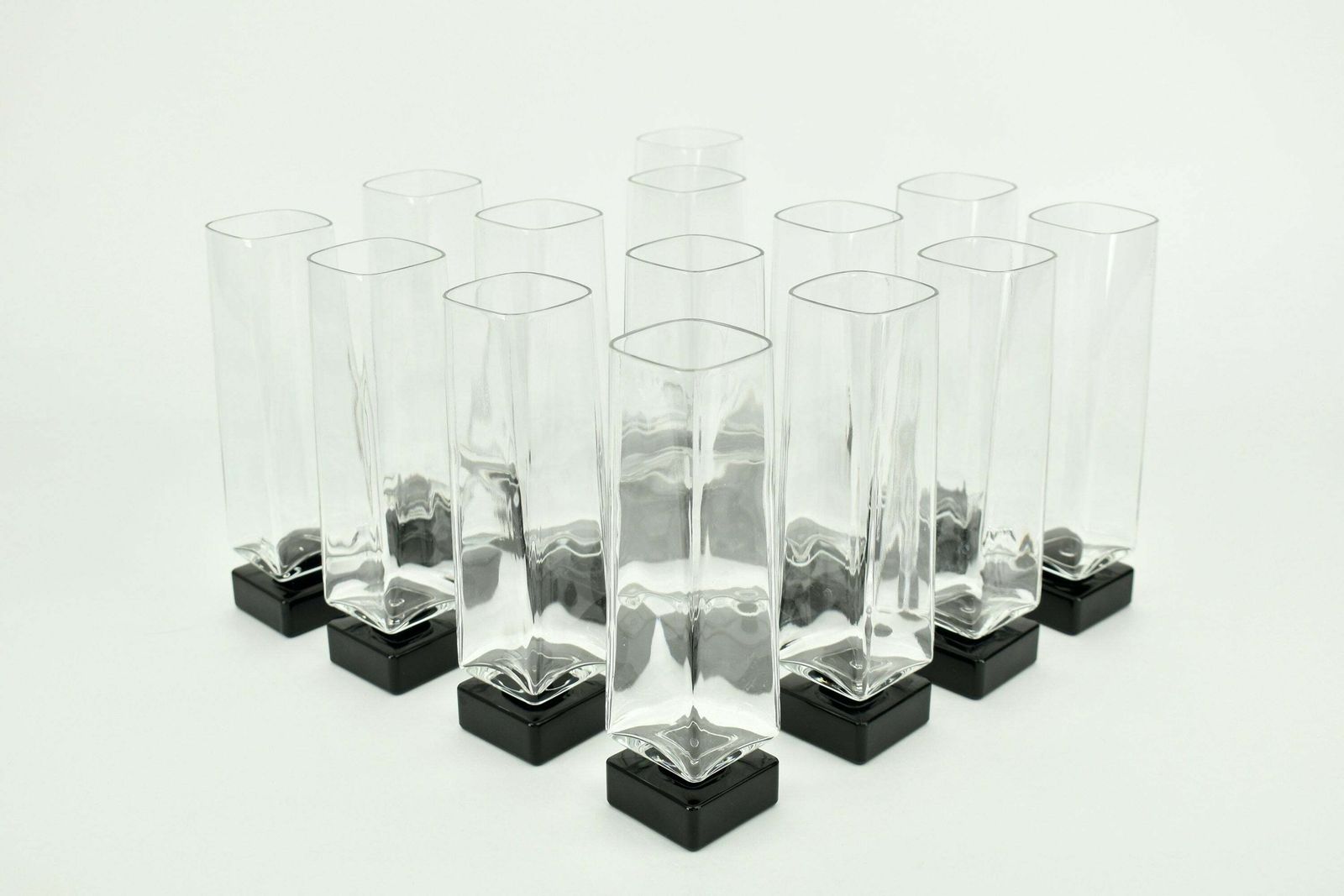 14 Vintage Italian Luigi Bormioli Monet Crystal Champagne Glasses Wine Flutes 1980s | Black Cubist Postmodern Memphis Milano Glassware Mcm photo furniture