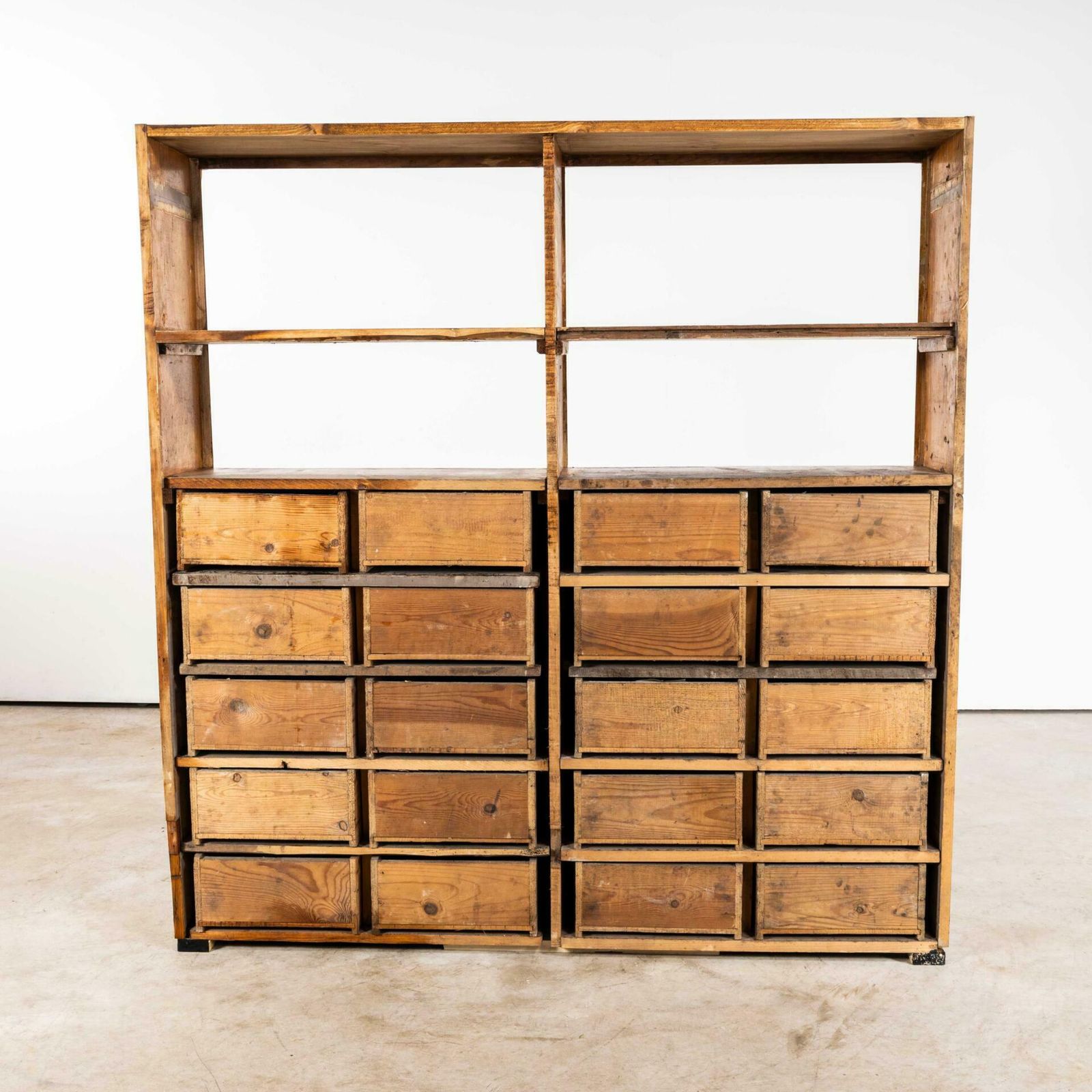 1940’s Faux Wood Workshop Shelving – Twenty Drawers photo Furniture