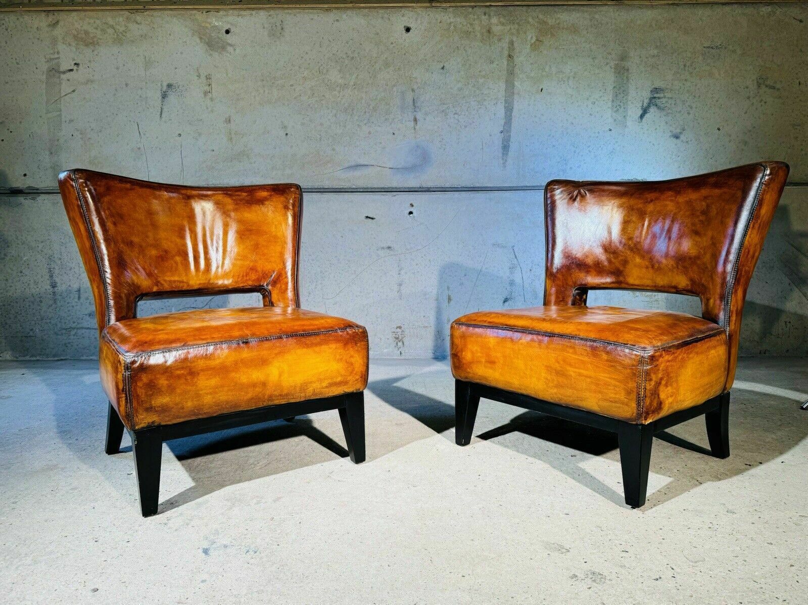 Pair Of Vintage Andrew Martin Oversized Leather Chairs Hand Dyed Light Tan photo Furniture