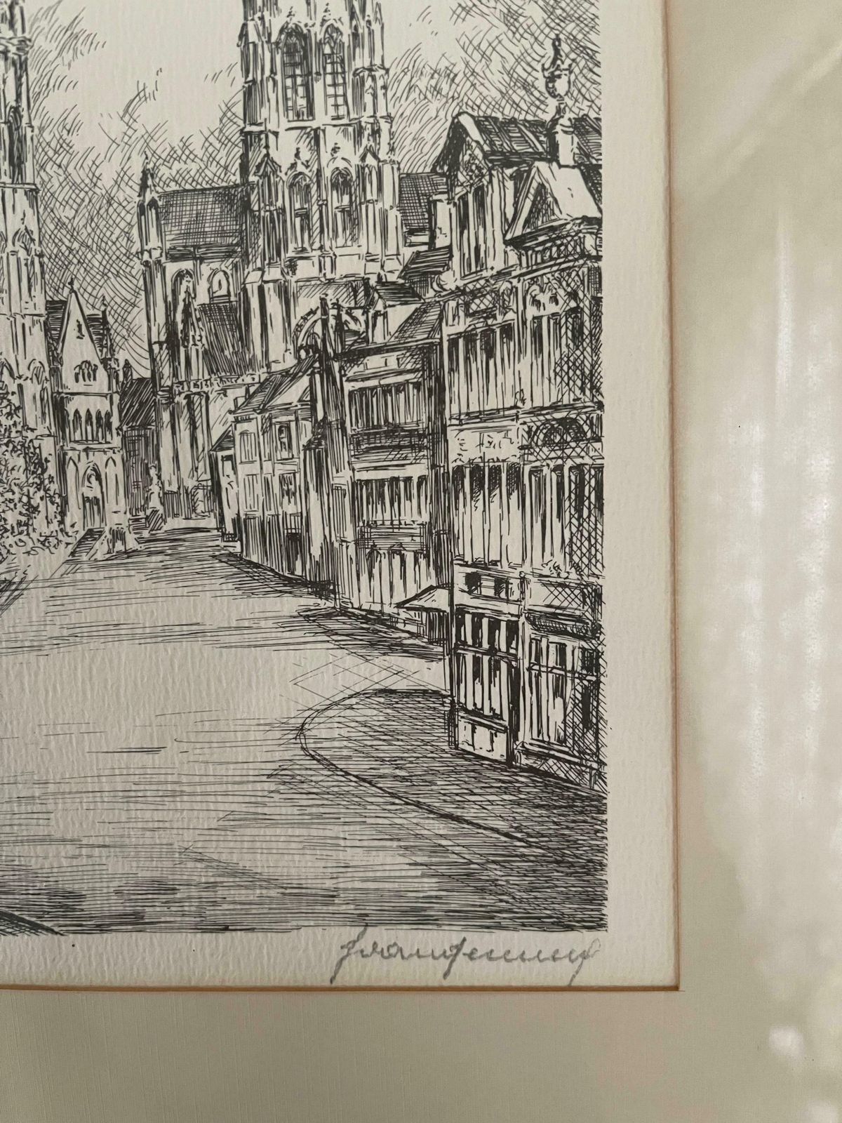 Antique Church Drawing, Lovely Wall Decoration Painting Signed Frans Vanderveken photo for sale