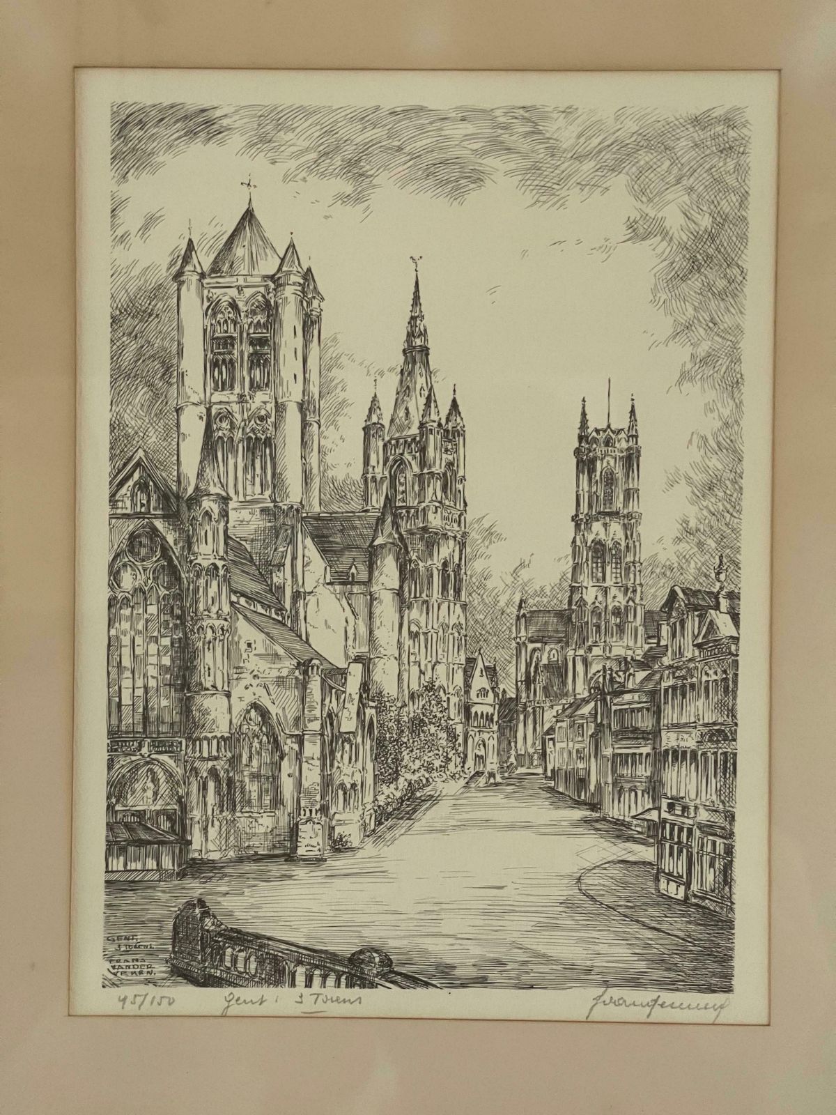 photo vinterior Antique Church Drawing, Lovely Wall Decoration Painting Signed Frans Vanderveken