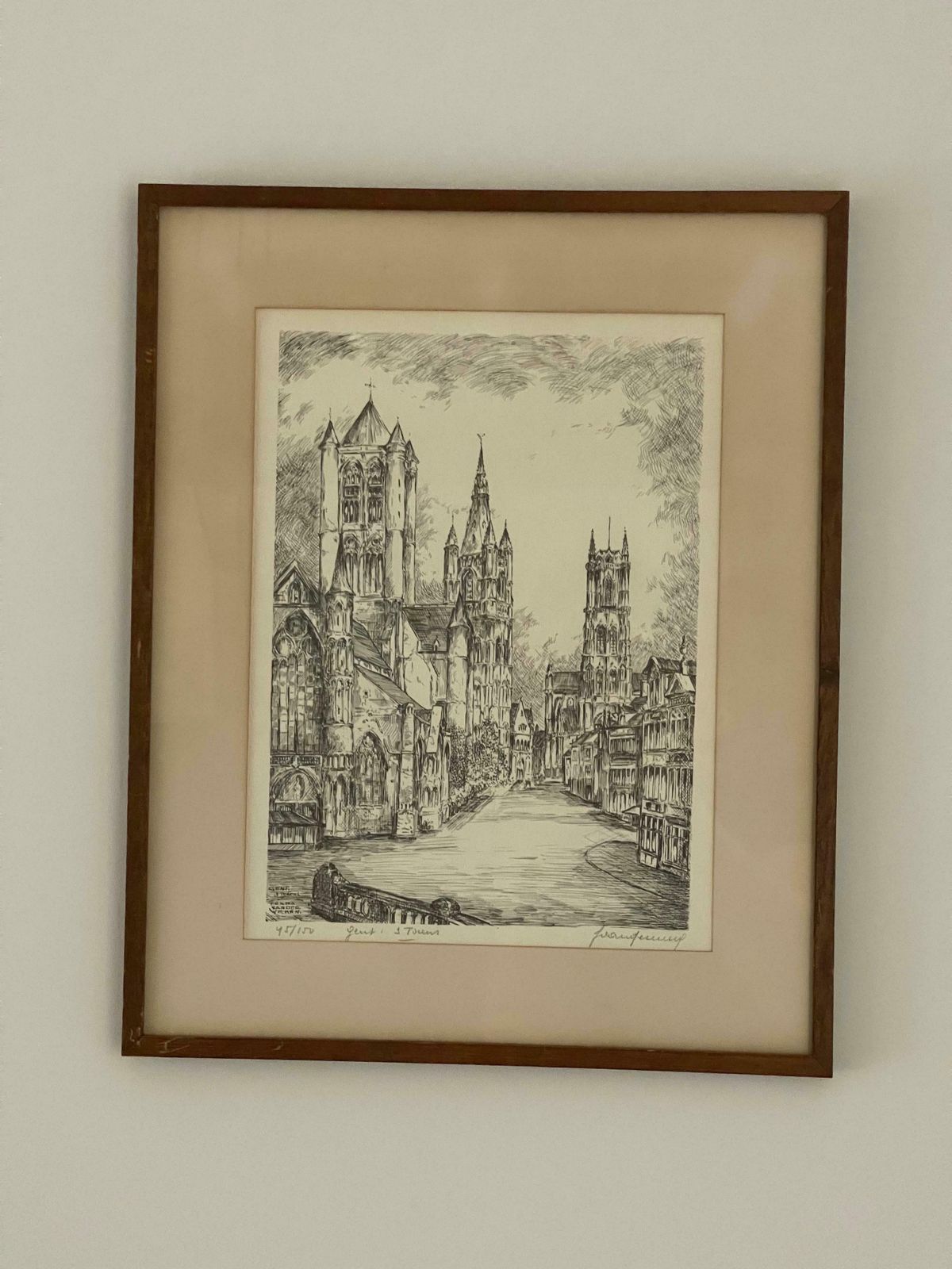 photo vintage Antique Church Drawing, Lovely Wall Decoration Painting Signed Frans Vanderveken