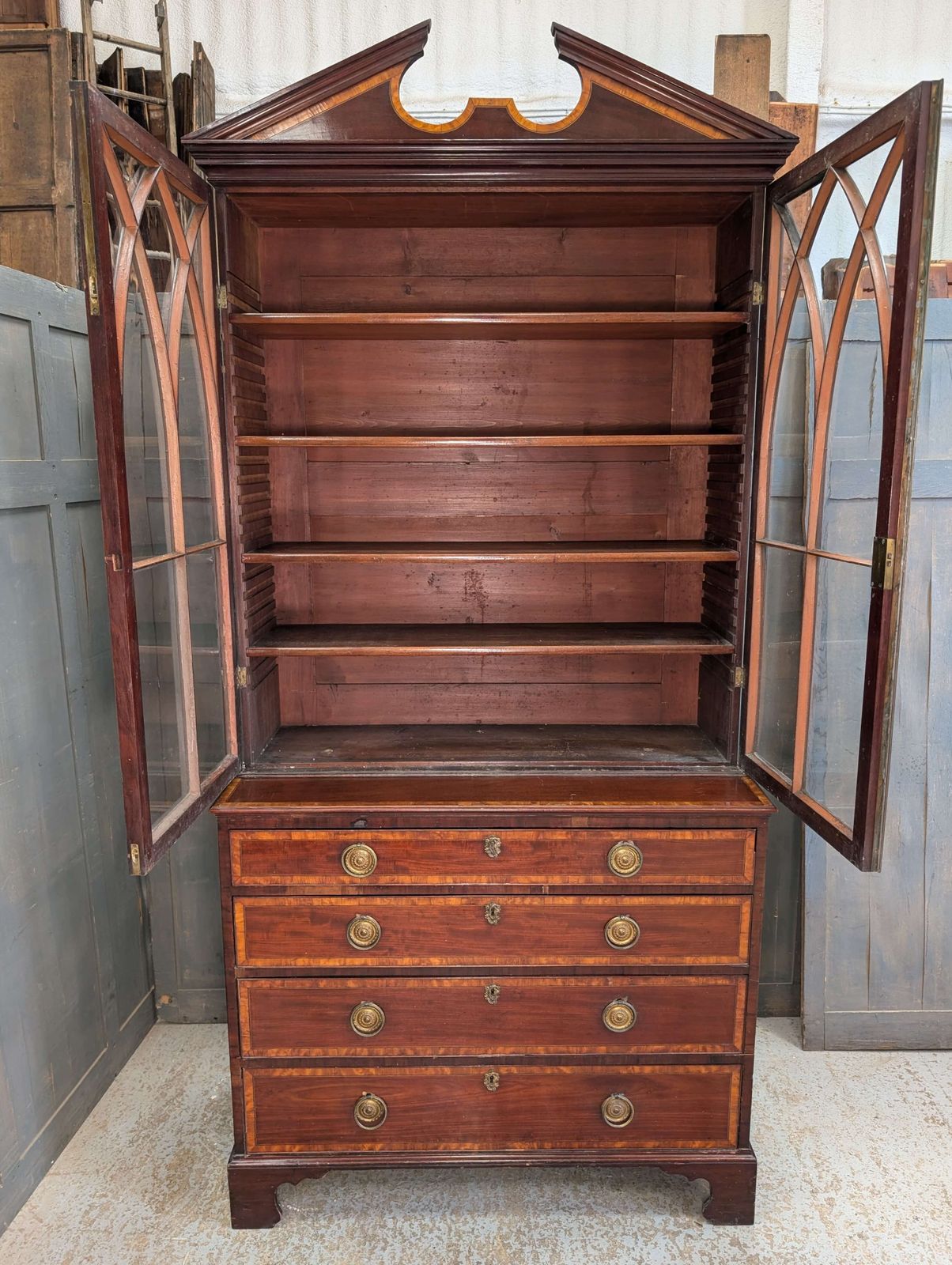 Elegant Late Georgian Glazed Satinwood Banded Mahogany Bookcase On Chest With Bracket Feet photo vintage