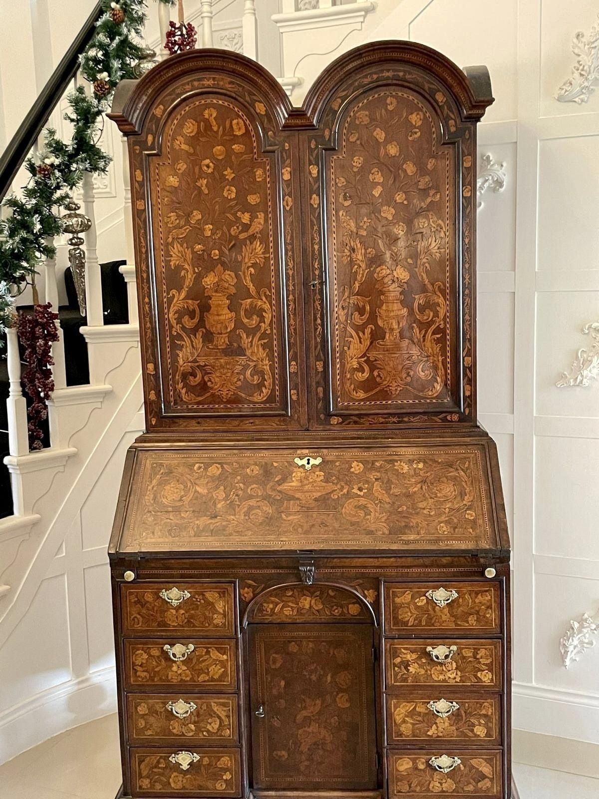 Antique William And Mary Outstanding Quality Burr Walnut Inlaid Marquetry Double Dome Bookcase photo furniture