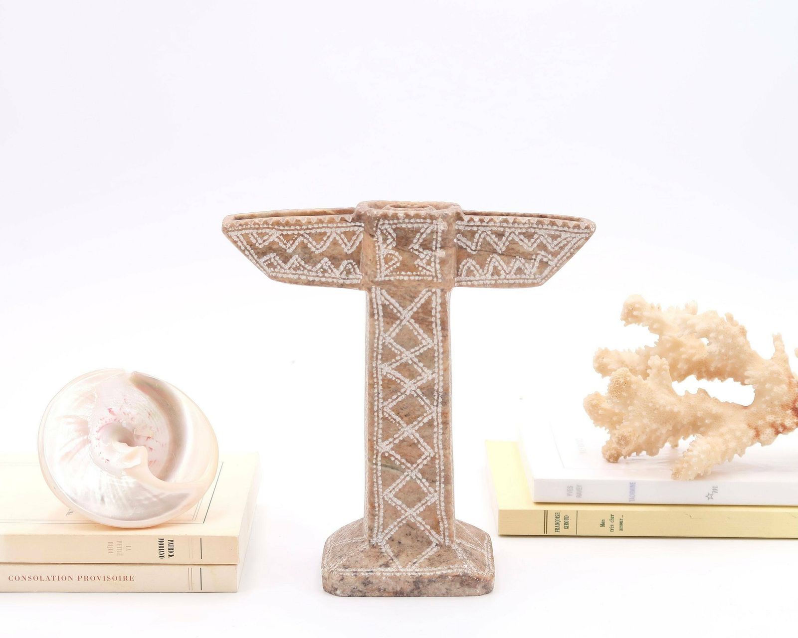 Moroccan Candleholder, Carved Stone With Scarified Decor, 1970s / Candle Holder, Boho Chic, Candlestick, Folk, Morocco, Sculpture, Totem