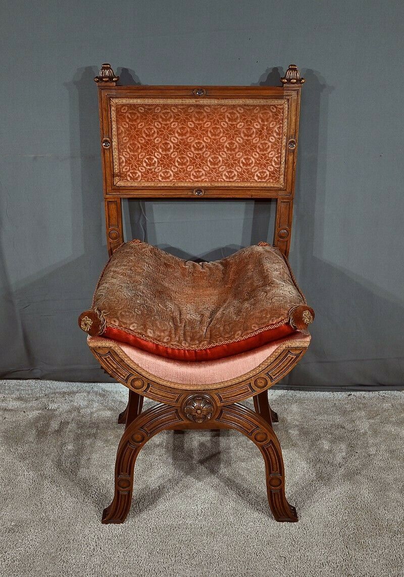 Curule Chair In Solid Walnut, Renaissance Style – Late 19th Century photo furniture
