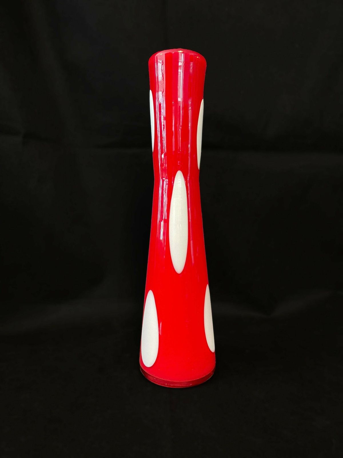 Statement Mid Century Modern Art Glass Vase, Red Cased Glass With Opaline Interior And Pendant Shaped Spots To Exterior photo buy