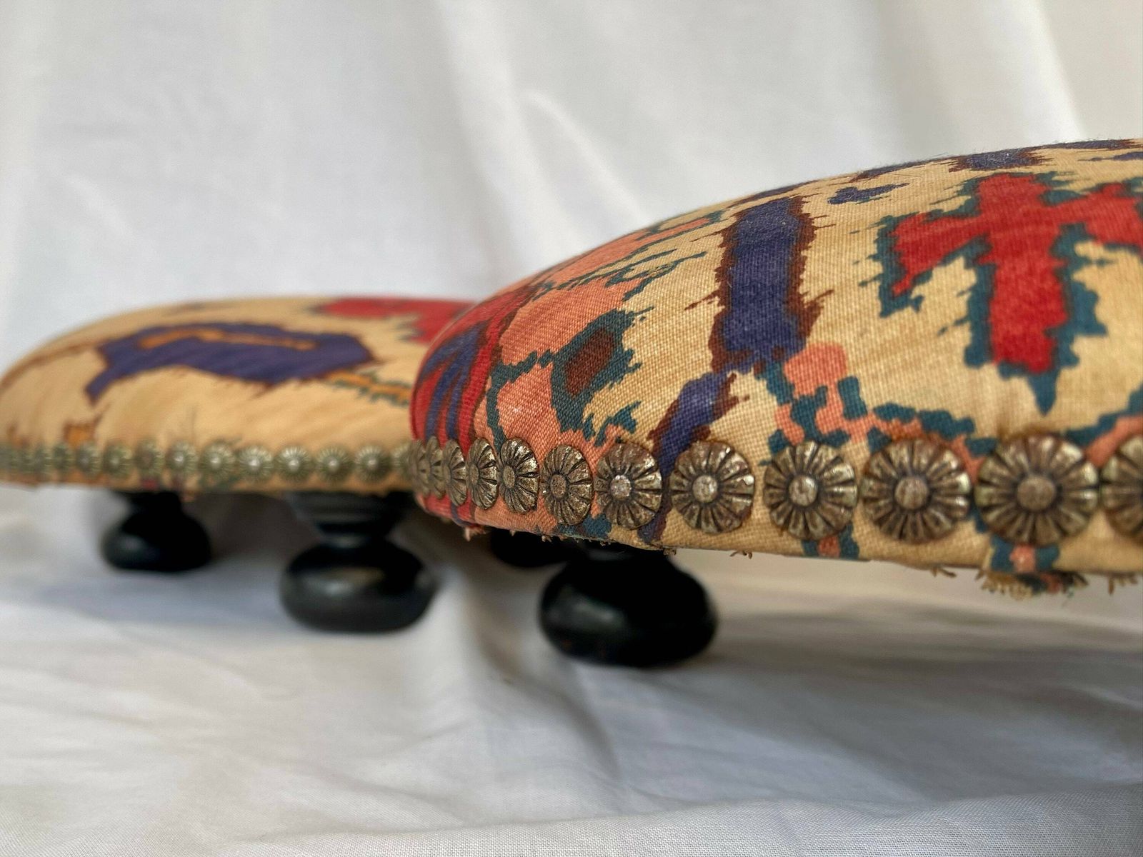 Antique French Style Foot Stools In Original Fabric With Floral Brass Flower Stud Detailing And Three Wooden Bun Feet To Base. photo 199.0