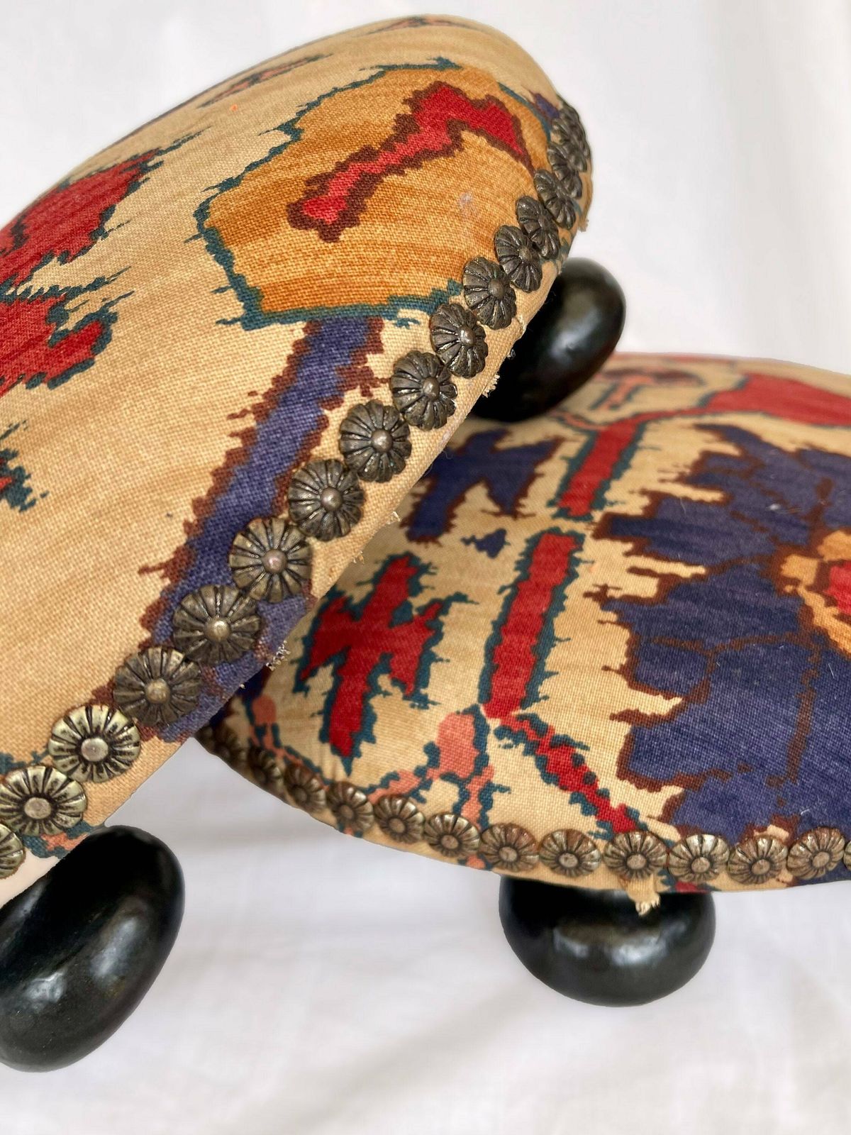 photo for sale Antique French Style Foot Stools In Original Fabric With Floral Brass Flower Stud Detailing And Three Wooden Bun Feet To Base.