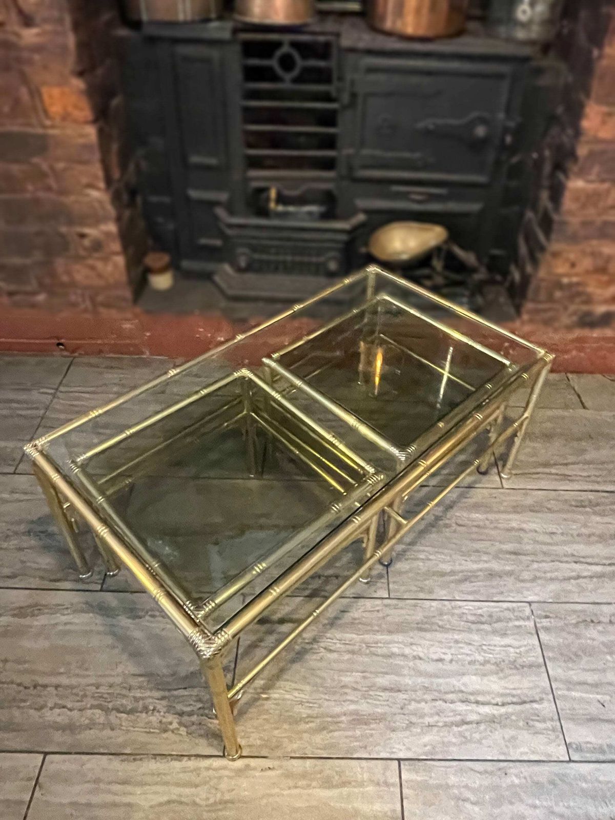 Mid Century Gold Metal Faux Bamboo Coffee Table With 2 Side Tables Sliding Either Side By Chelsom Uk Designs, 1980’s photo vinterior