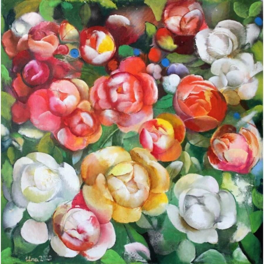 Una Lekuze Peonies. Canvas, Oil, 90x90 Cm