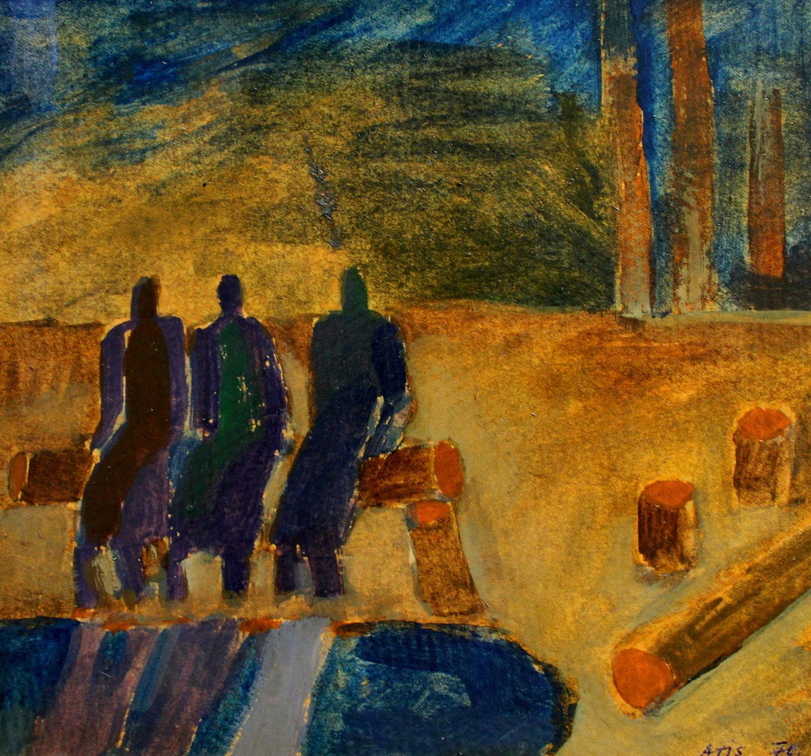 Atis Ievins On The Bench. 1970, Cardboard, Mixed Media, 18.3x19.5 Cm 1970
