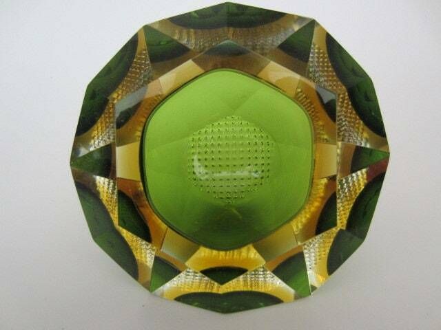 Murano Sommerso Green And Amber Mandruzzato 6 Facet Cut Geometric Art Glass Bowl photo for sale