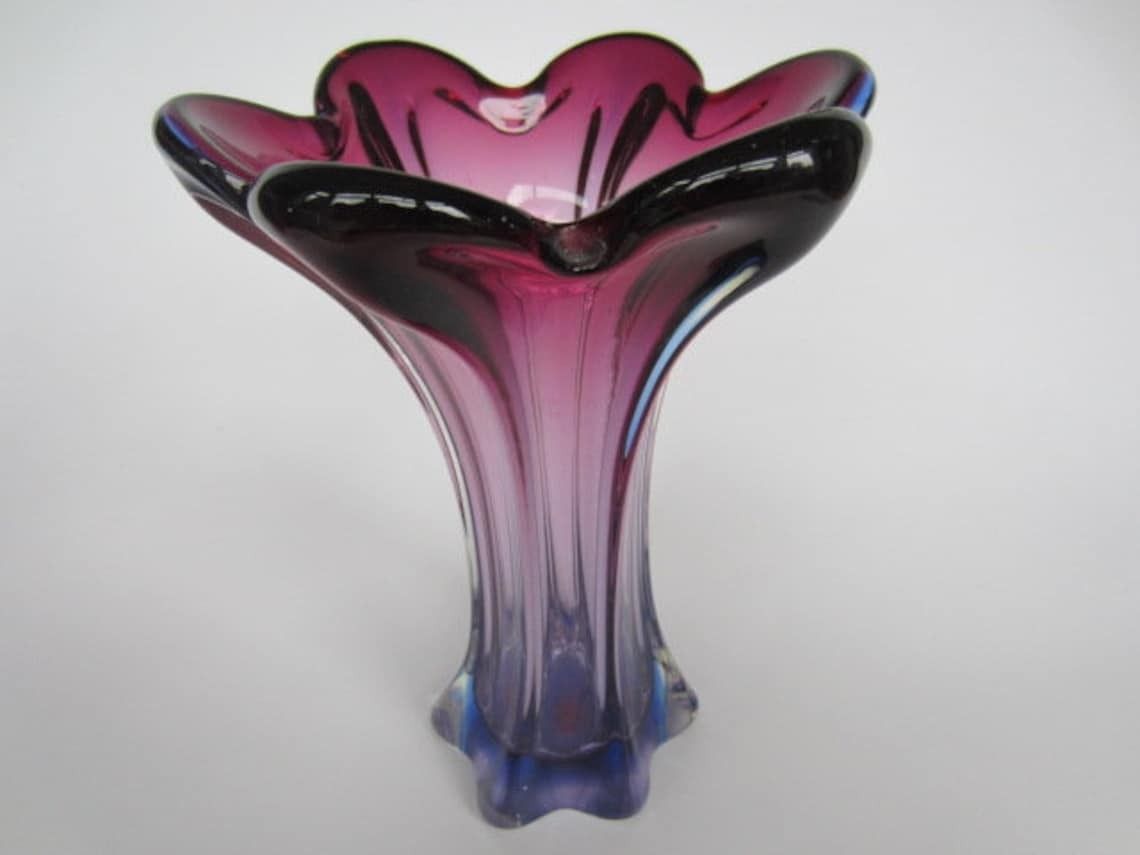 Murano Hand Blown Poli Seguso Era Purple Blue 1960s Ribbed Art Glass Flower Vase