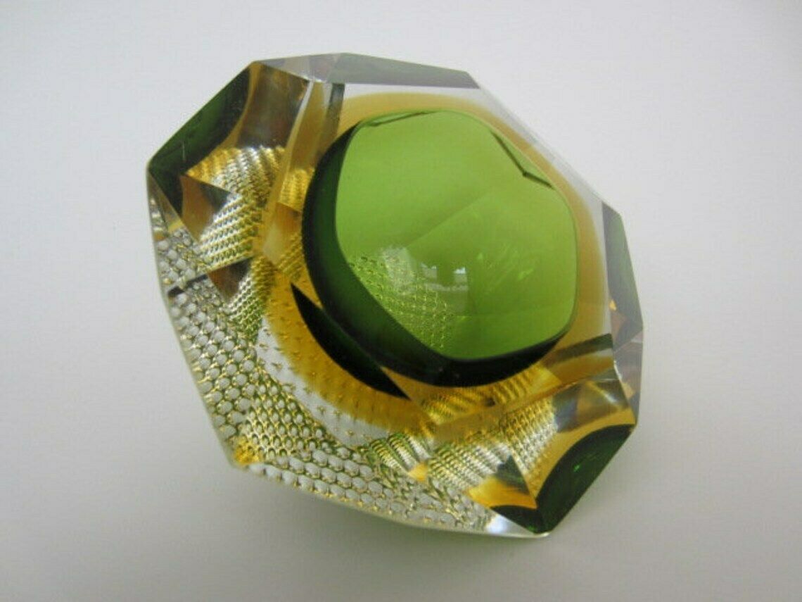 photo for sale Murano Sommerso Green And Amber Mandruzzato 6 Facet Cut Geometric Art Glass Bowl