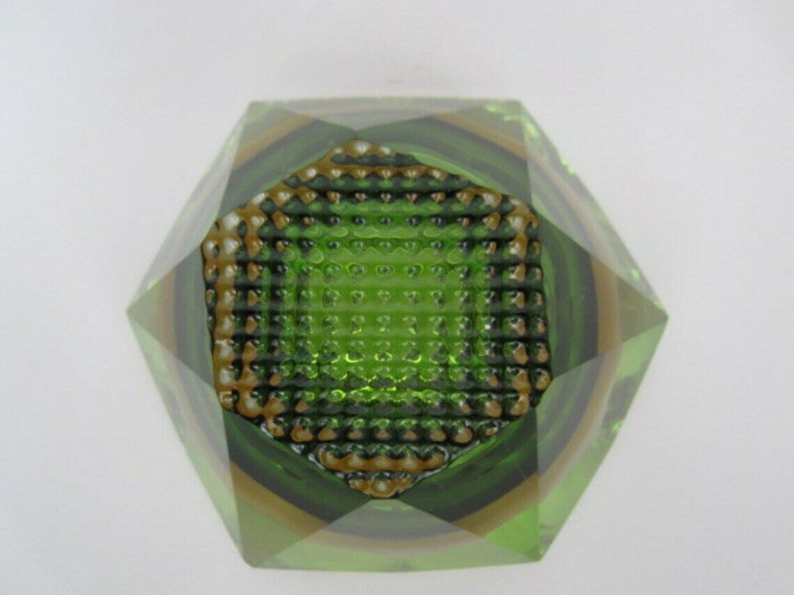 photo buy Murano Sommerso Green And Amber Mandruzzato 6 Facet Cut Geometric Art Glass Bowl