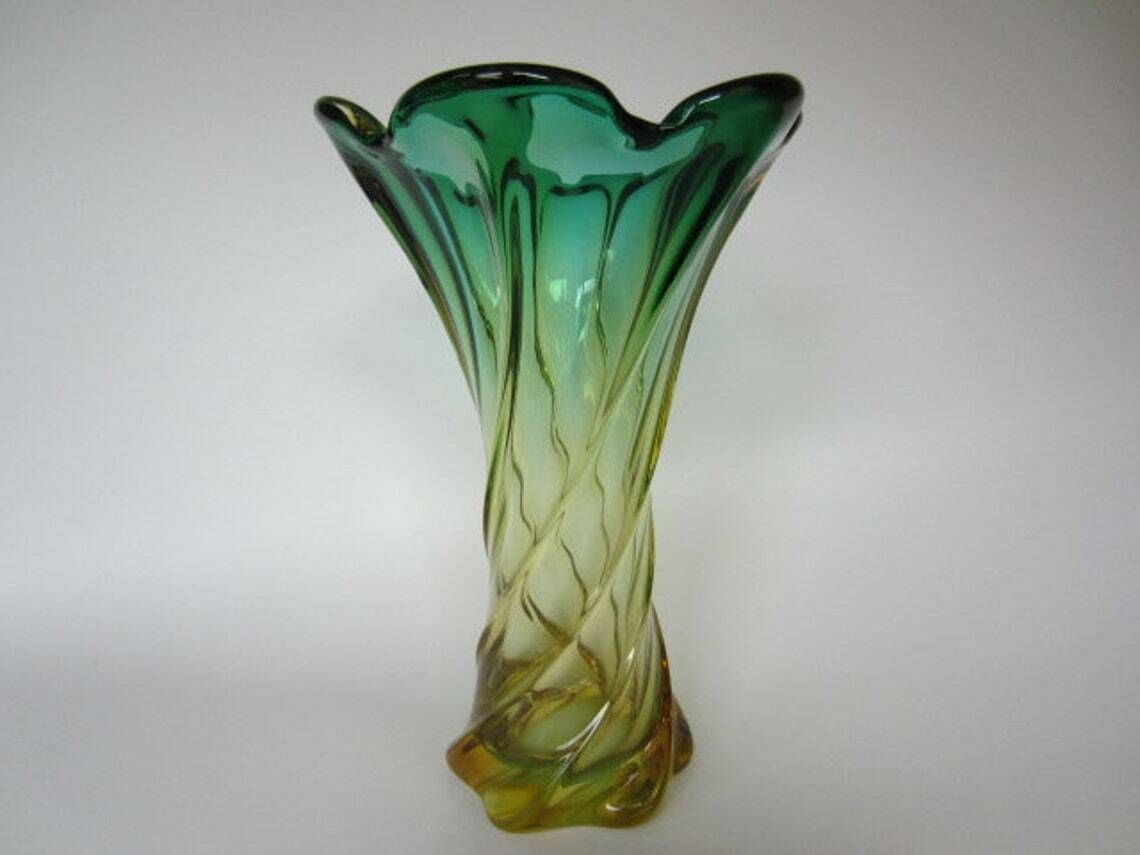 Murano Twisted Poli Seguso Era Green And Golden Ombre Hand Made Art Glass Vase photo for sale