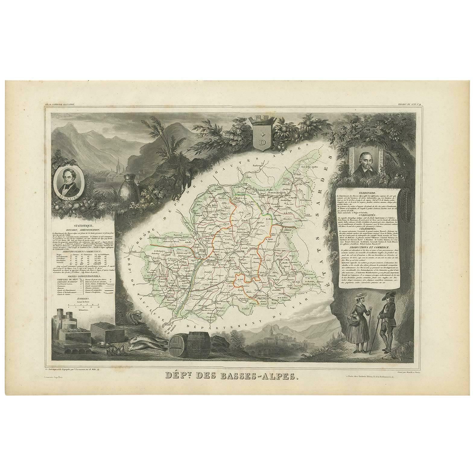 Antique Map Of Basses Alpes ‘France’ By V. Levasseur, 1854