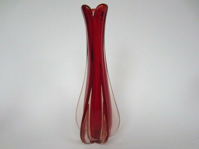 Mcm Italian Murano Bright Red And Peach Art Glass Pulled Rib Sommerso Vase C60s photo for sale