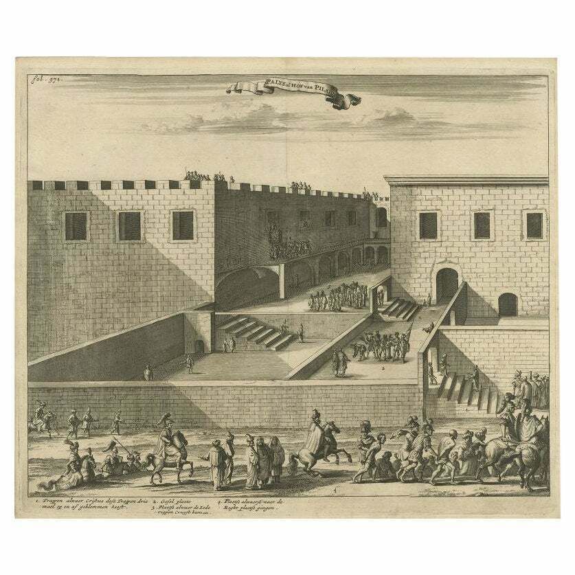 Antique Print Of The Palace Of Pontius Pilatus In Jerusalem, 1677
