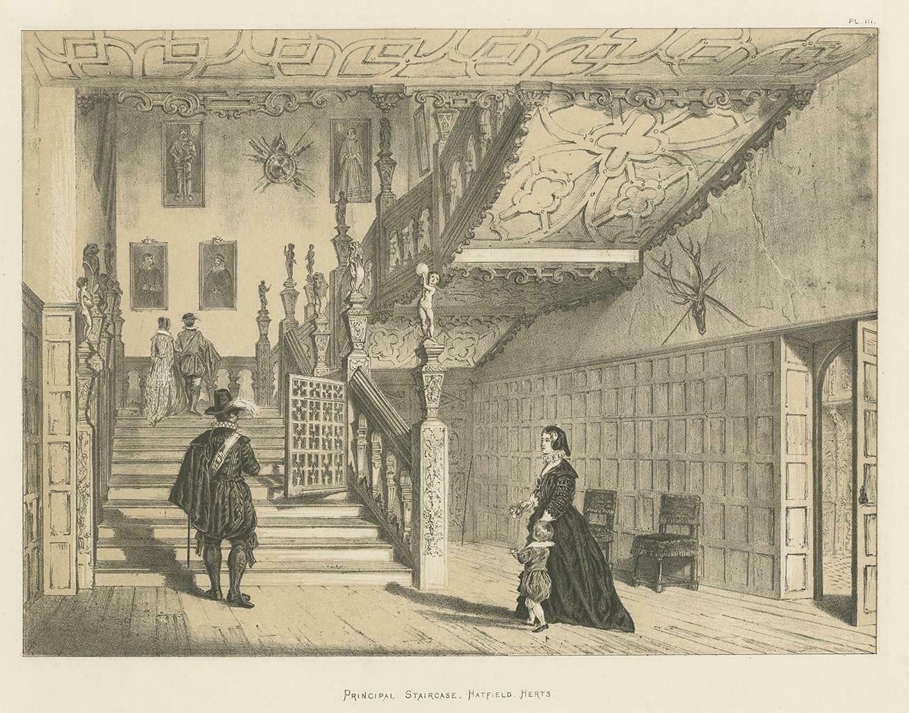 Antique Print Of The Staircase At Hatfield House By Nash, Circa 1870 photo furniture