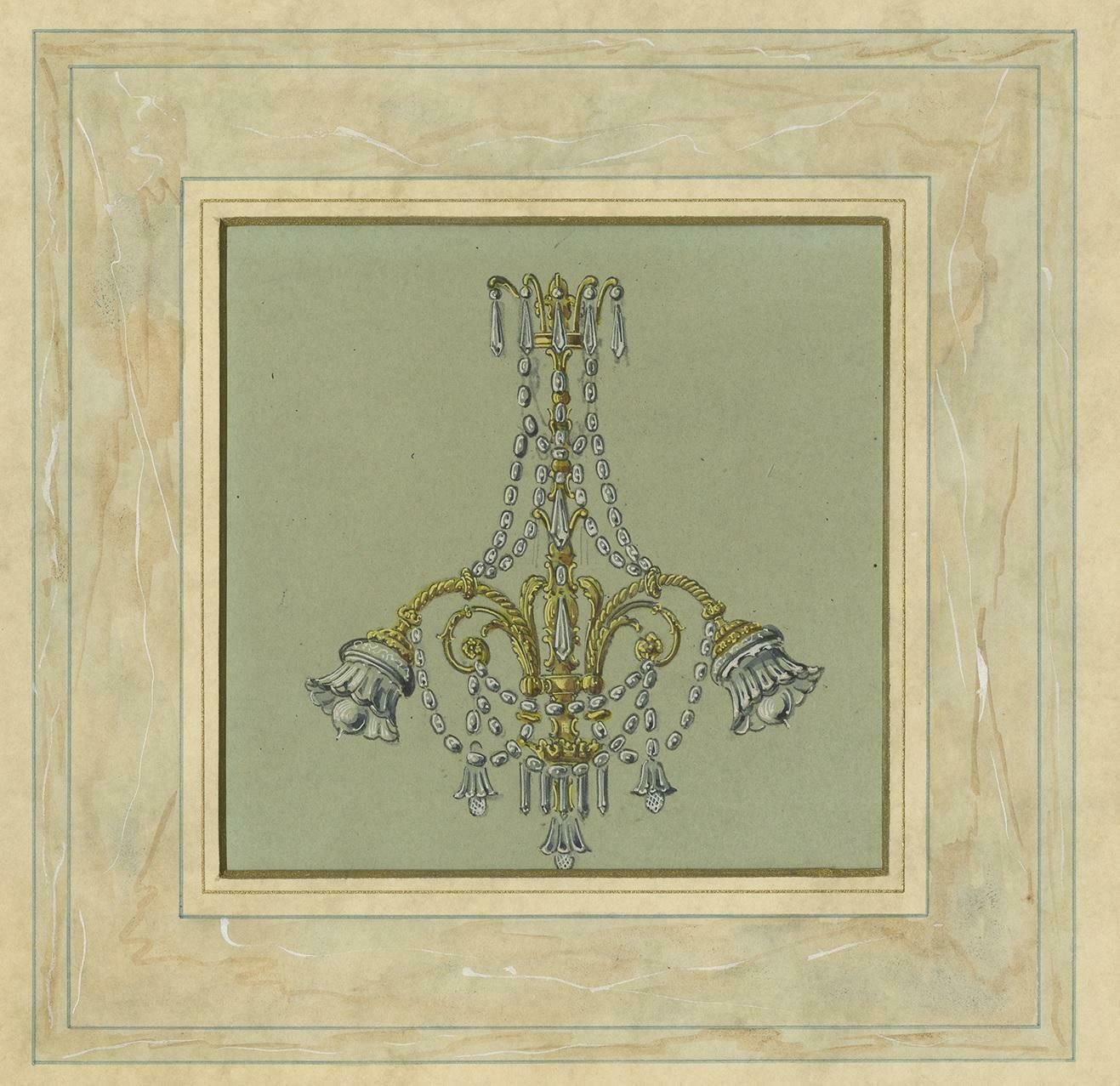 Antique Print Of An Art Deco Chandelier, Circa 1890 photo for sale