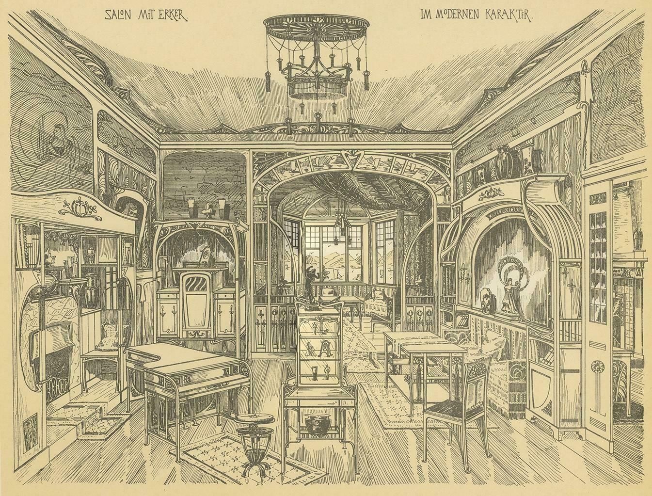 Antique Print Of A Salon With Bay Window, Circa 1910 photo 215.0