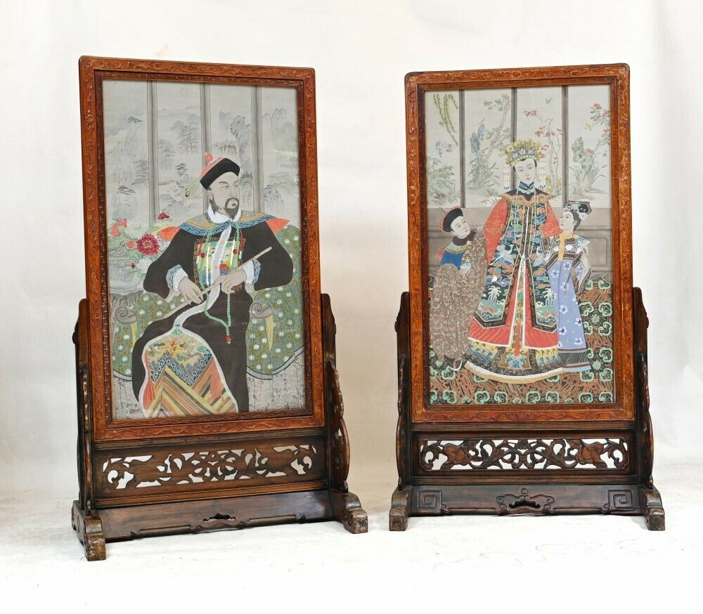 Pair Chinese Silk Woven Hardwood Screens Antique 1840 Qianlong Emperor