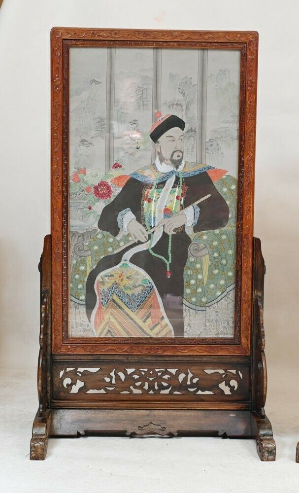 photo for sale Pair Chinese Silk Woven Hardwood Screens Antique 1840 Qianlong Emperor