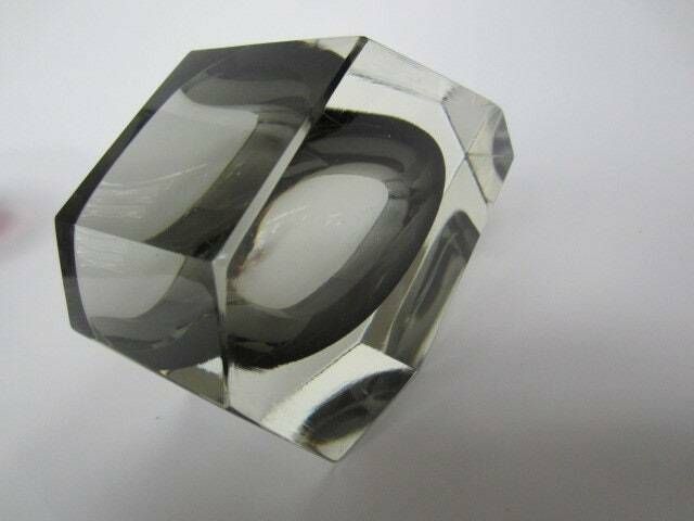 Rare Extra Large Faceted Smokey Grey Murano Geometric Art Glass Mandruzzato Bowl photo vintage