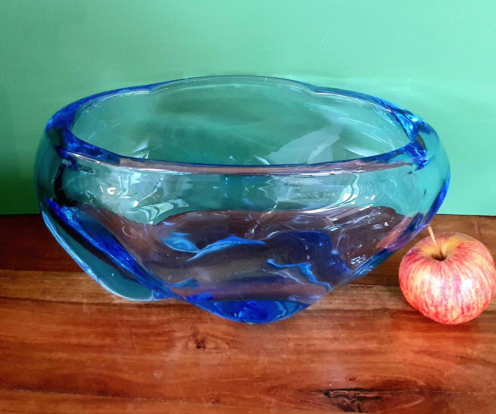 A Large 11 Inch Vintage Whitefriars James Hogan Sapphire Glass Pillow Bowl, Pattern 9250, C.1950s