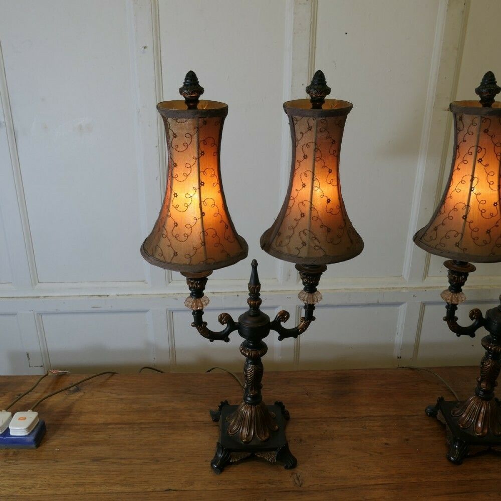 Pair Of Large Art Deco Hollywood Regency Twin Table Lamps photo Lighting