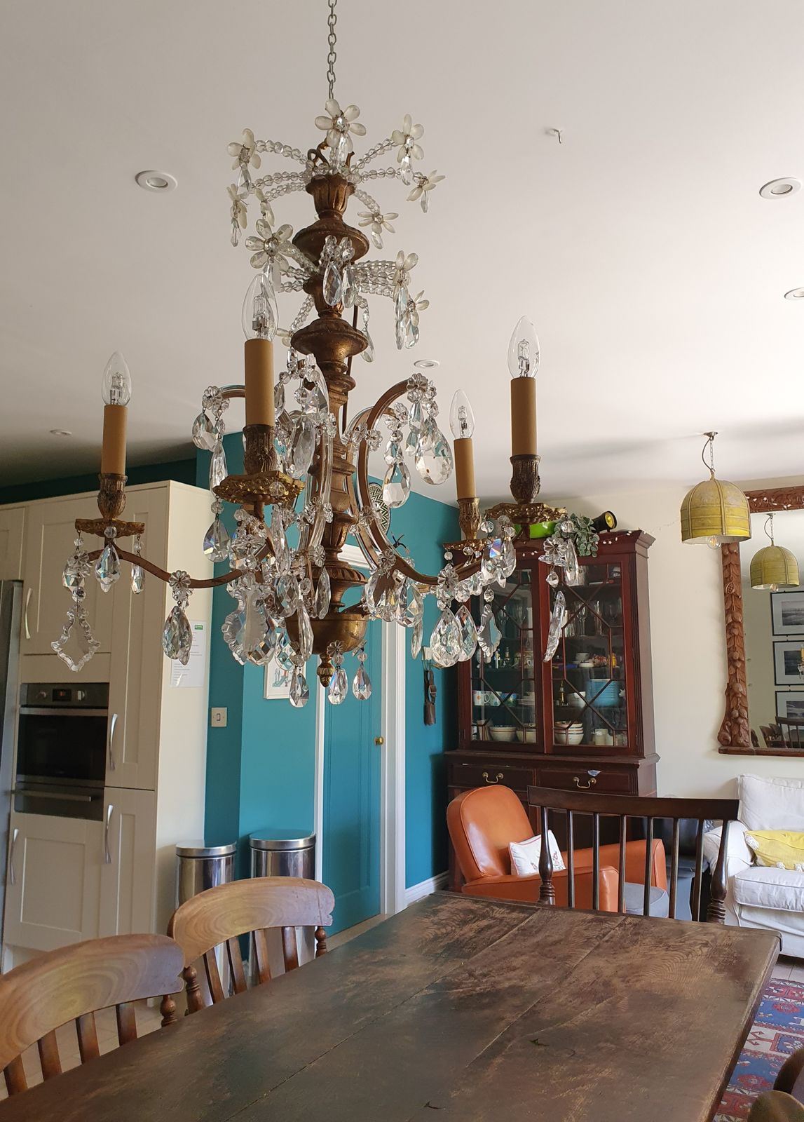 Really Unusual Five Arm Chandelier In Wood And Steel 23" photo Lighting