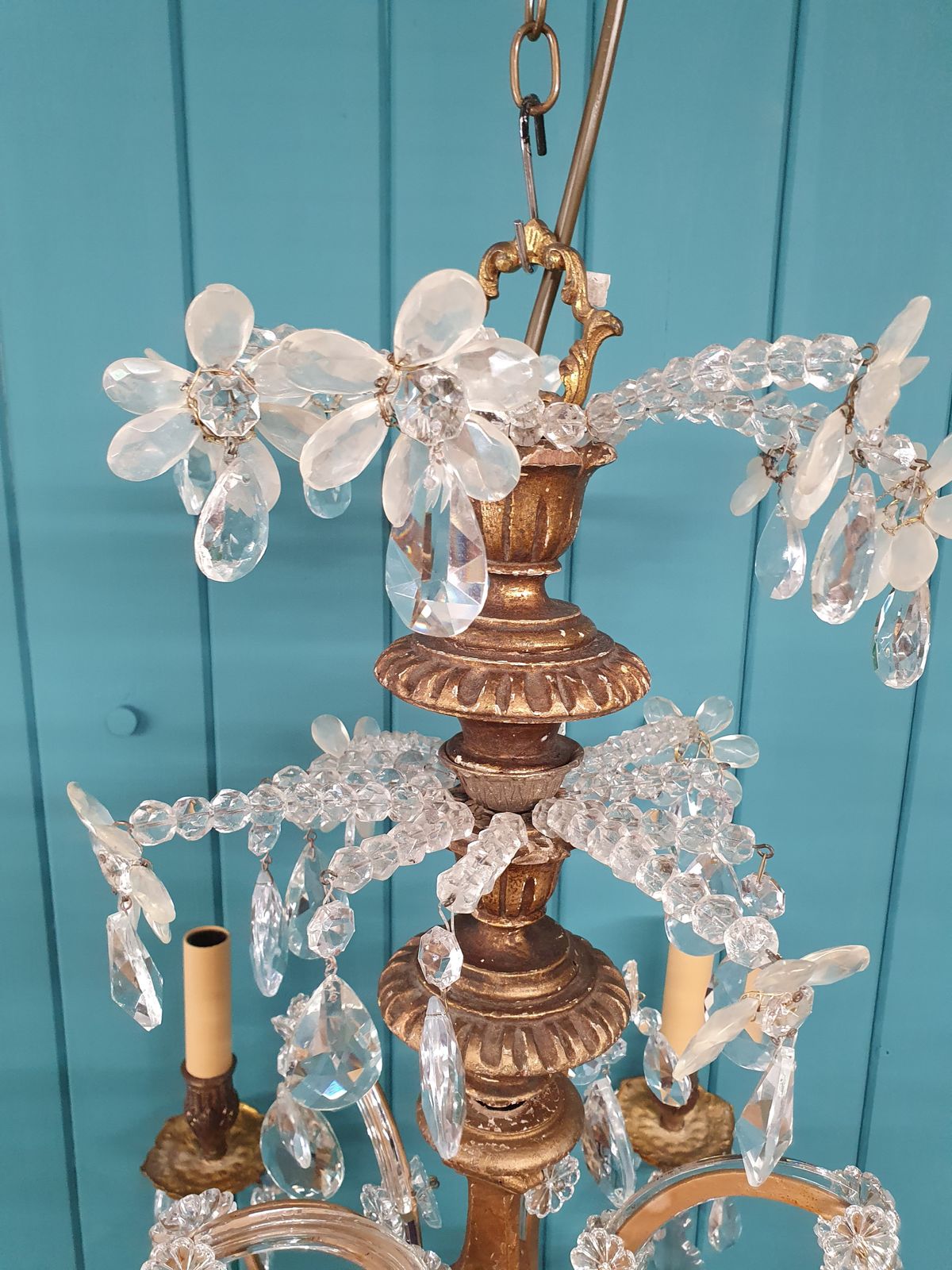 Really Unusual Five Arm Chandelier In Wood And Steel 23" photo vinterior