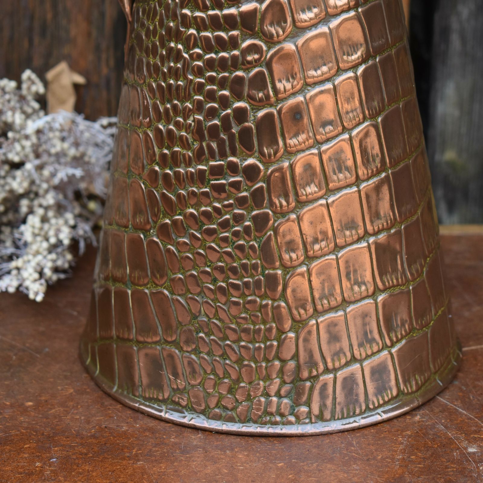 Antique Joseph Sankey Hand Beaten Snakeskin Repousse Copper Jug Ewer Pitcher photo for sale