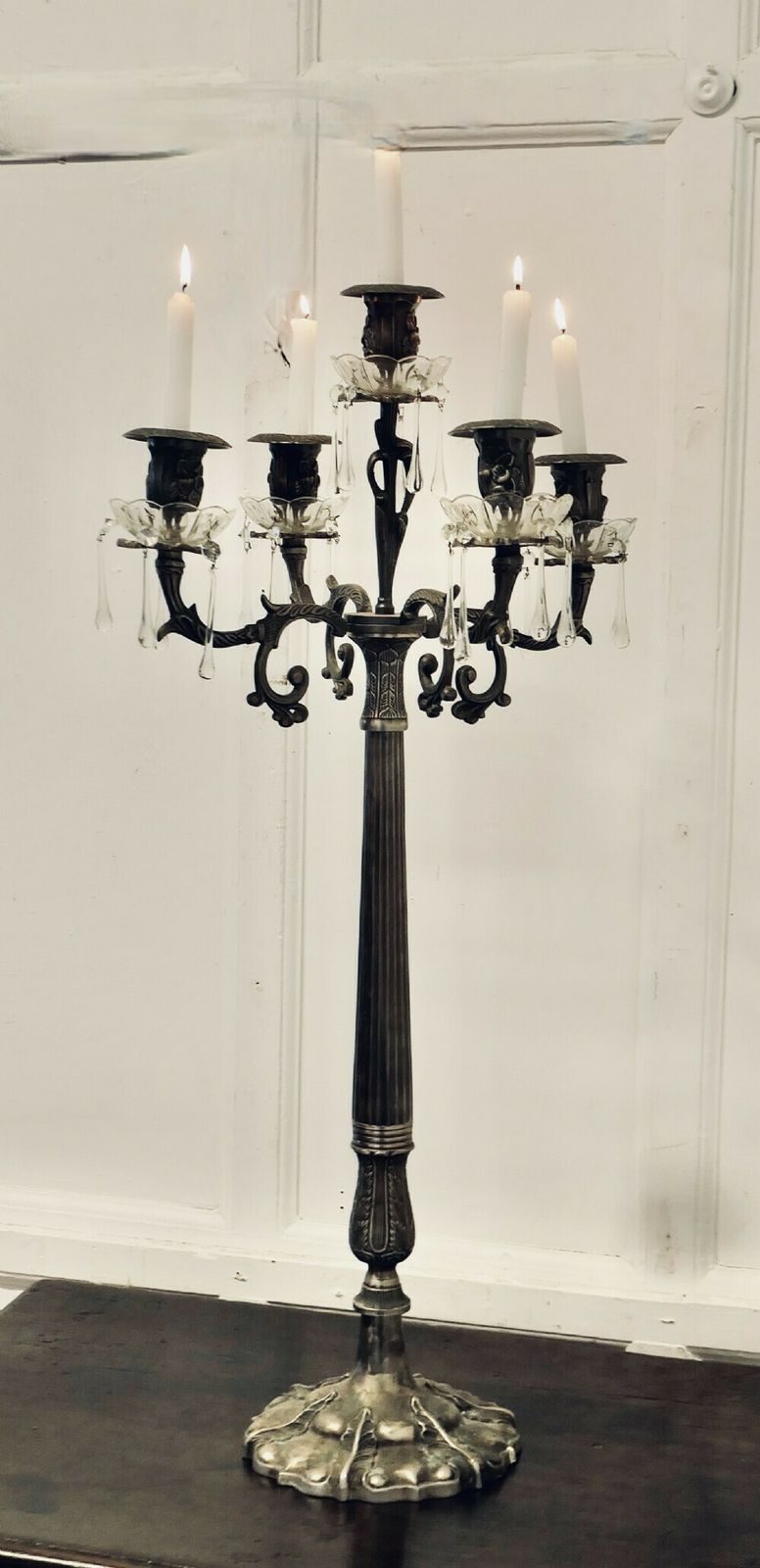 Art Nouveau French Silver Metal And Crystal 5 Branch Candelabra
