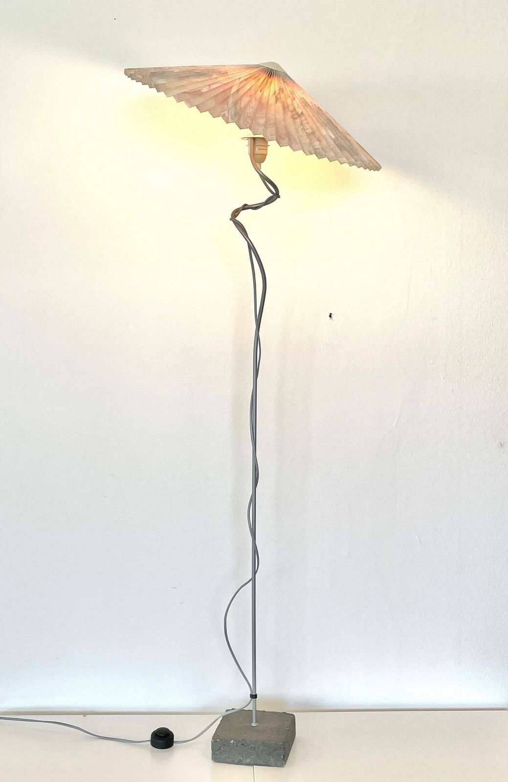 Postmodern Belgian Vintage Floor Lamp With A Concrete Base, Swaying Organic Metal Pole And A Pleated Vintage Shade   Design By Massive photo vinterior