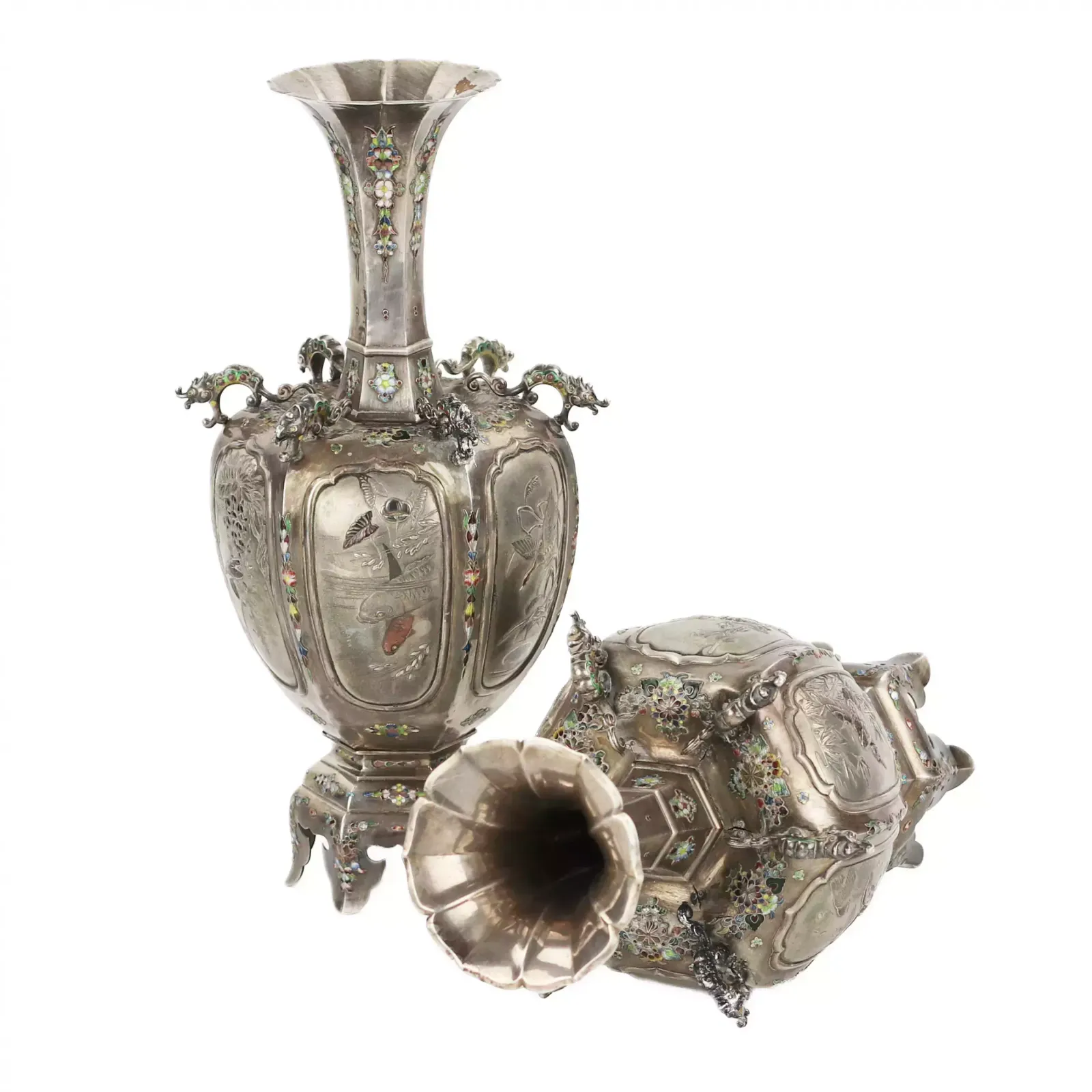 A Pair Of Elegant Japanese Vases Made Of Silver And Enamel. The Turn Of The 19th 20th Centuries. photo Home Decor
