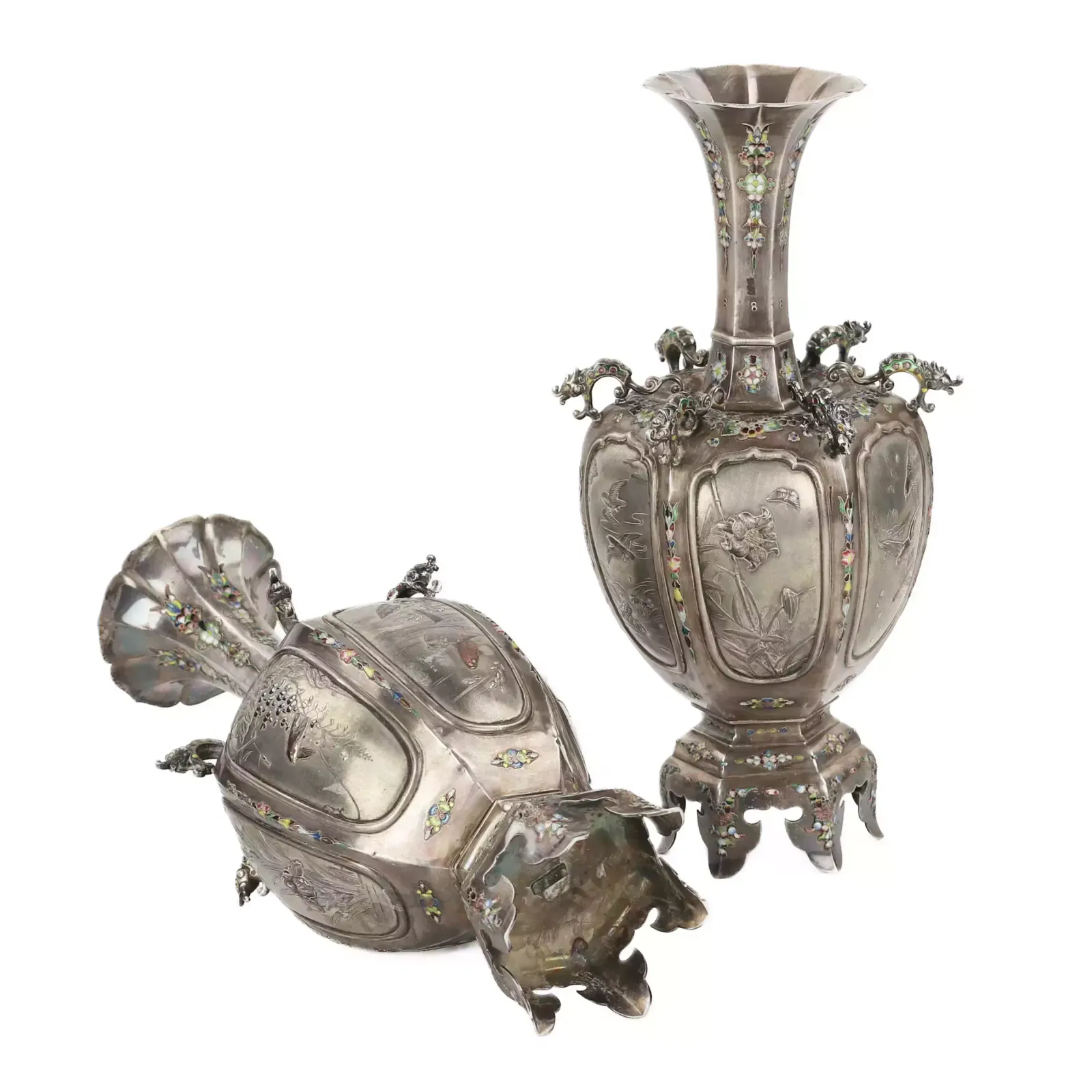 A Pair Of Elegant Japanese Vases Made Of Silver And Enamel. The Turn Of The 19th 20th Centuries. photo 8928.0