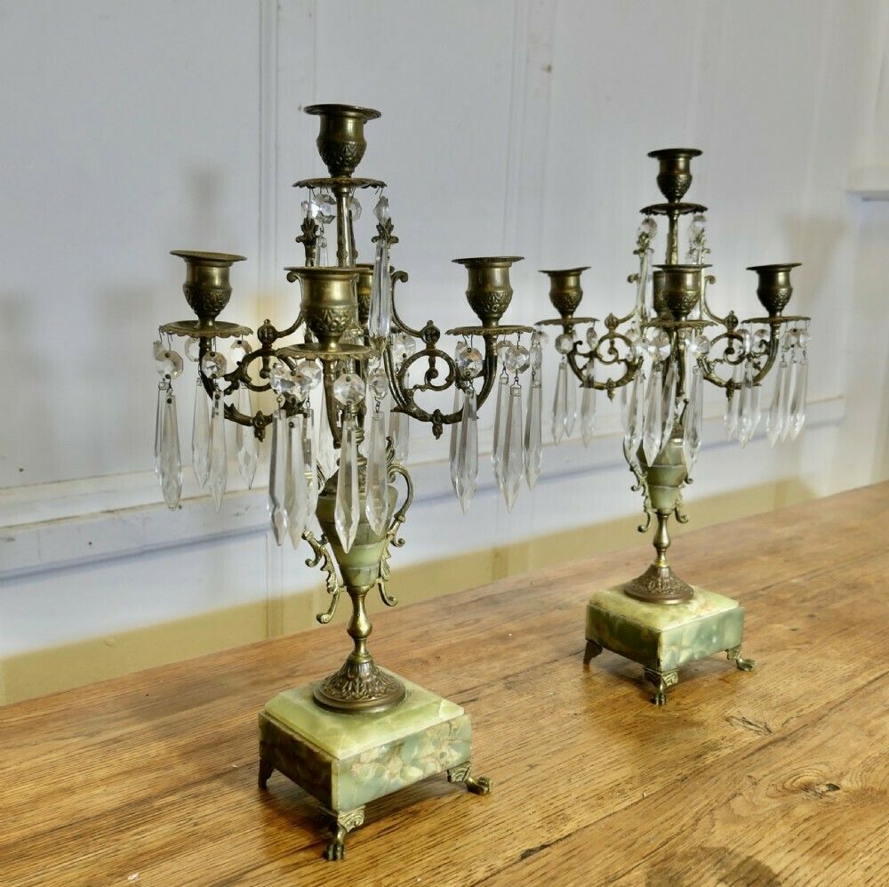 A Pair Of Green Marble And Brass 5 Branch Candelabra photo vinterior