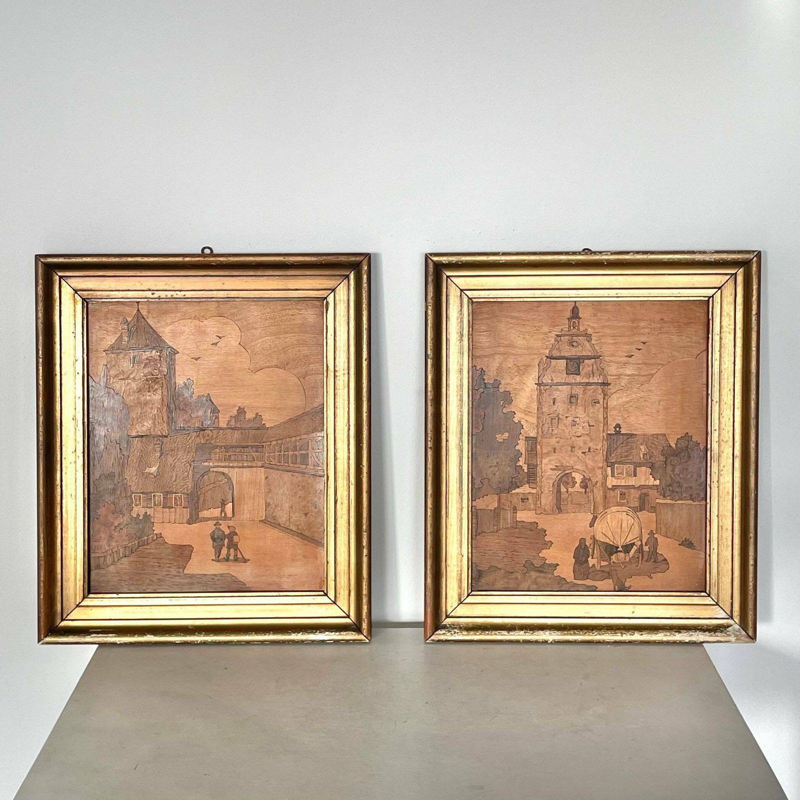 Vintage Insertia Marquetry Wooden Artworks From The Mid Century With Motive Of Lively Towns And Church