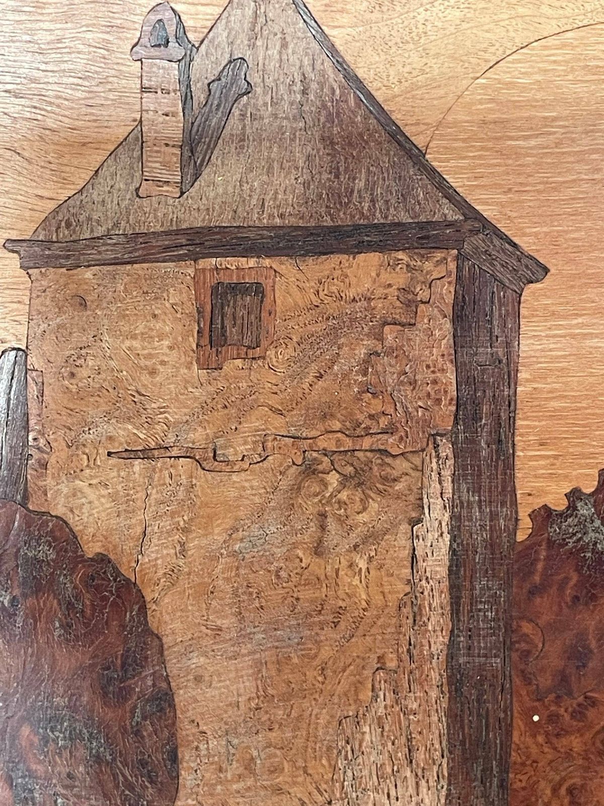 Vintage Insertia Marquetry Wooden Artworks From The Mid Century With Motive Of Lively Towns And Church photo 354.0