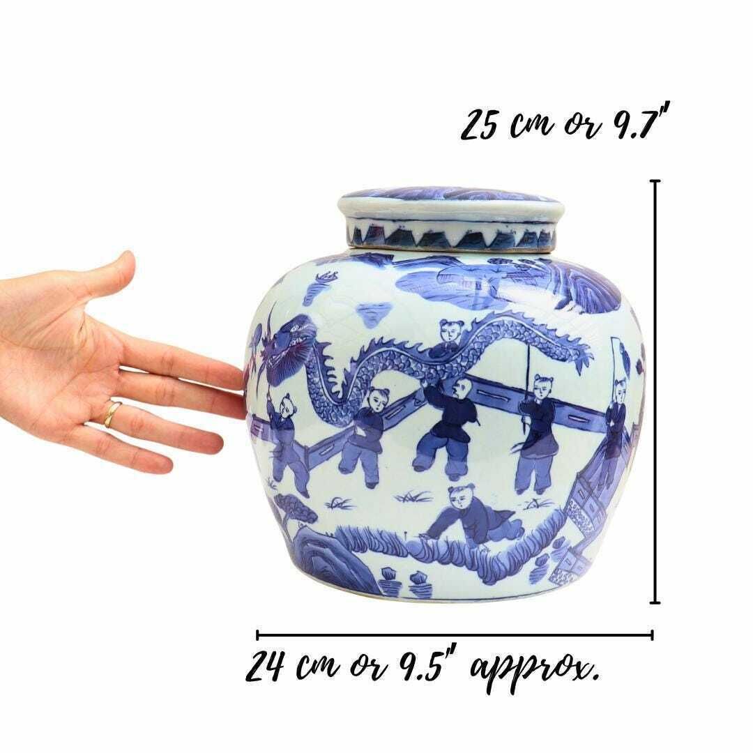 Huge Blue And White Chinese Ming Style Ginger Jar H 7.2'' , Chinese Blue And White Chinese Dragon Procession Lidded Jar, Big Chinoiserie Jar photo for sale