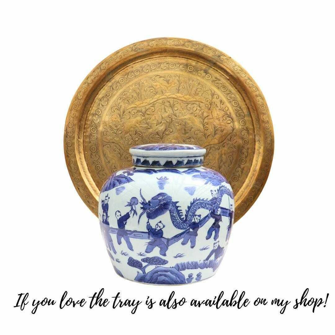 photo furniture Huge Blue And White Chinese Ming Style Ginger Jar H 7.2'' , Chinese Blue And White Chinese Dragon Procession Lidded Jar, Big Chinoiserie Jar
