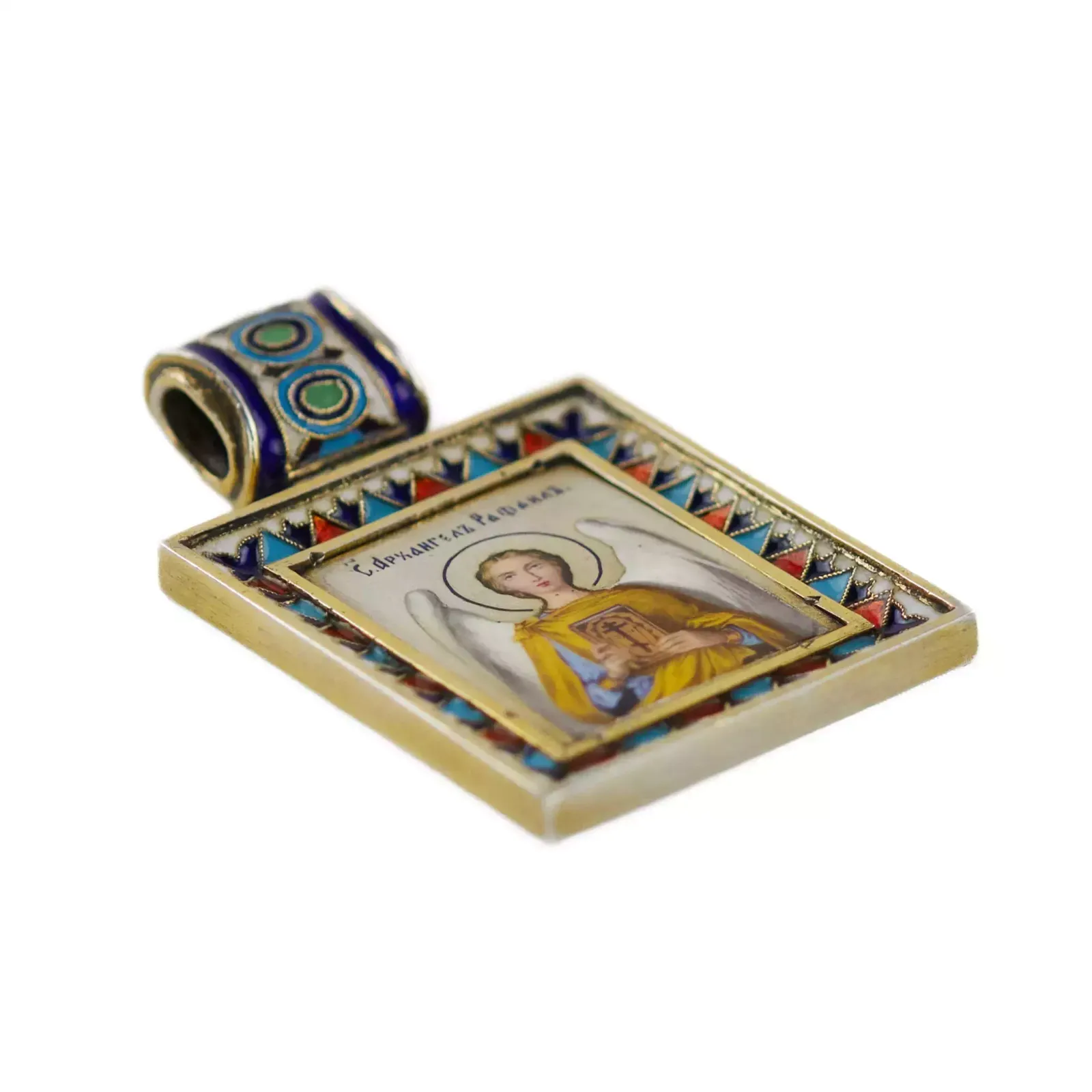 Russian, Silver Icon Of The Archangel Raphael, Painted And Cloisonné Enamels. Late 19th Century. photo for sale