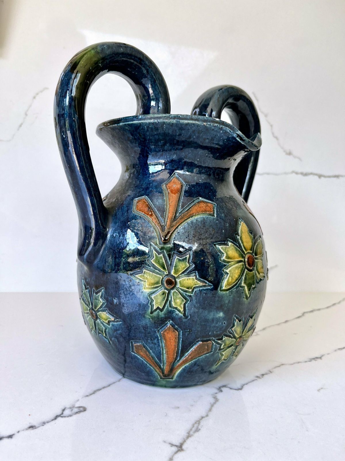 Dark Blue Stoneware Flemish/Swedish Etched & Hand Painted Vase With Handles photo for sale