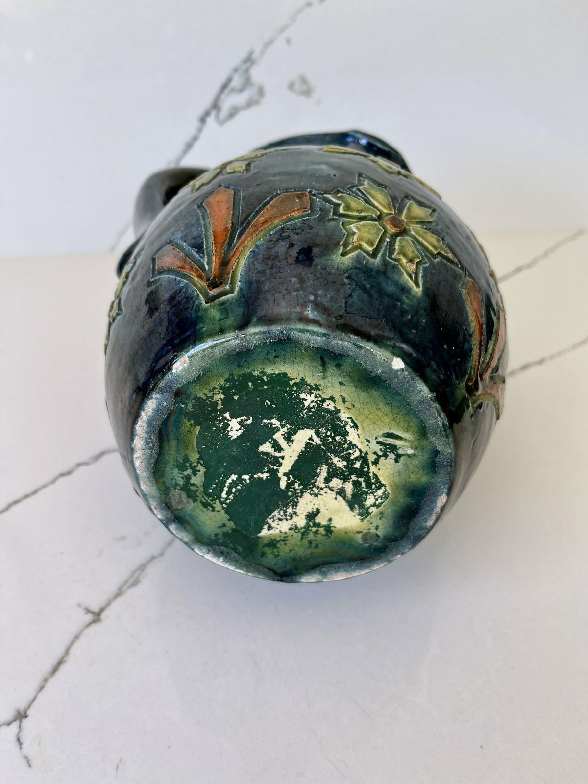 photo furniture Dark Blue Stoneware Flemish/Swedish Etched & Hand Painted Vase With Handles